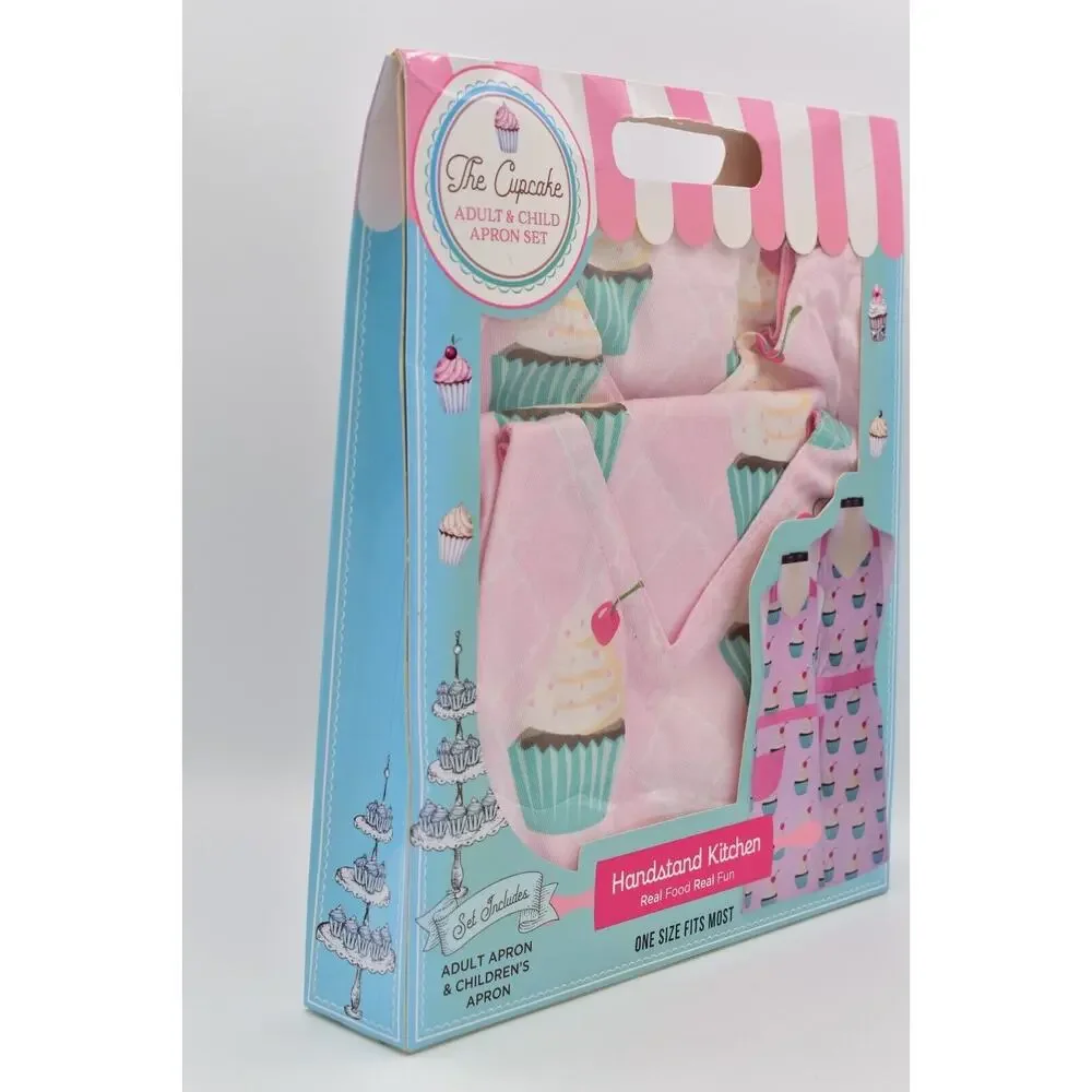 Adult & Child Apron Set Cotton Pink Cupcakes 2 Aprons Handstand Kitchen NEW